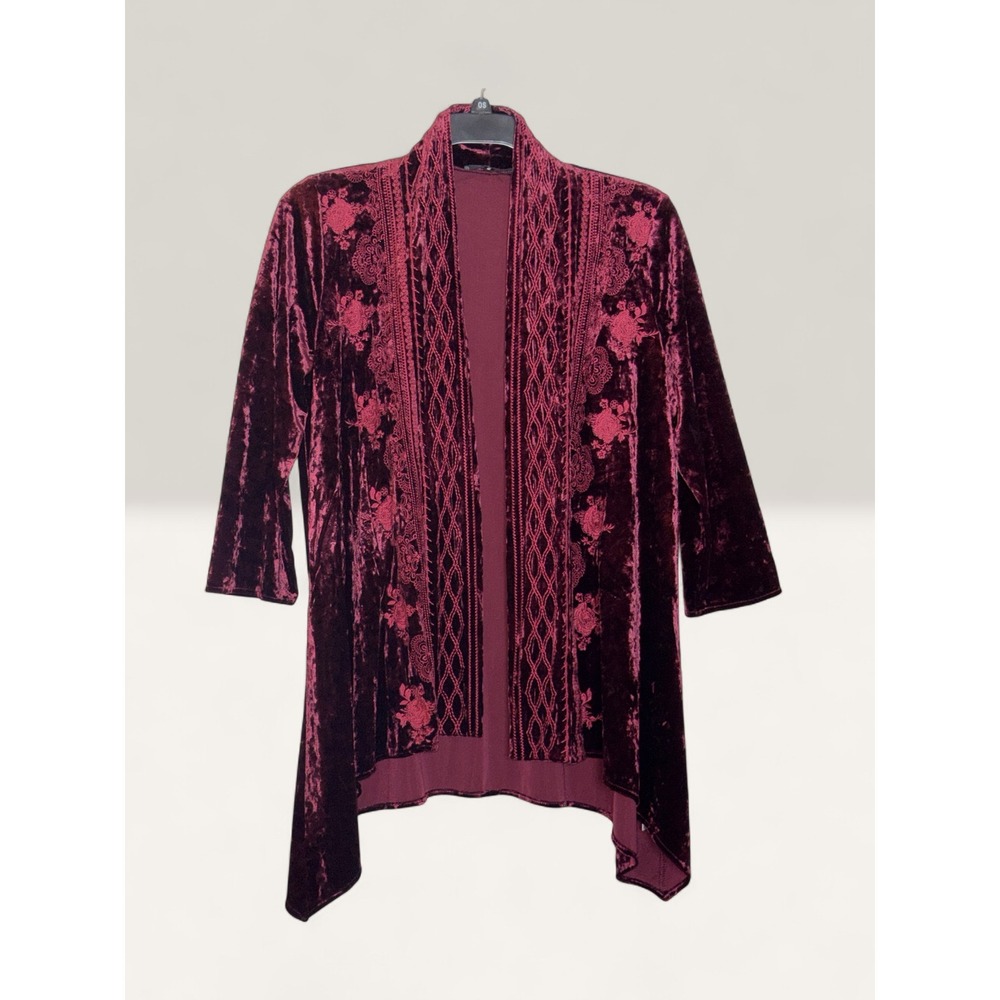 Andree by Unit Burgundy Crushed Velvet Embroidered Open Front Cardigan S M12044